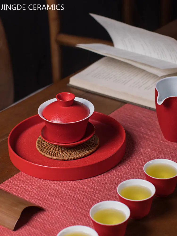 130ml Red Ceramic Gaiwan Chinese Wedding Tea Set Handmade Porcelain Teacup Home Beauty Tea Infuser Portable Cup with Lid