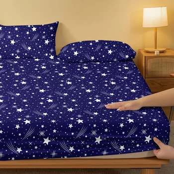 1 Simple modern Starry sky printed matte Fitted Sheet, bedroom printed bed cover, bedding (excluding pillowcases) 3