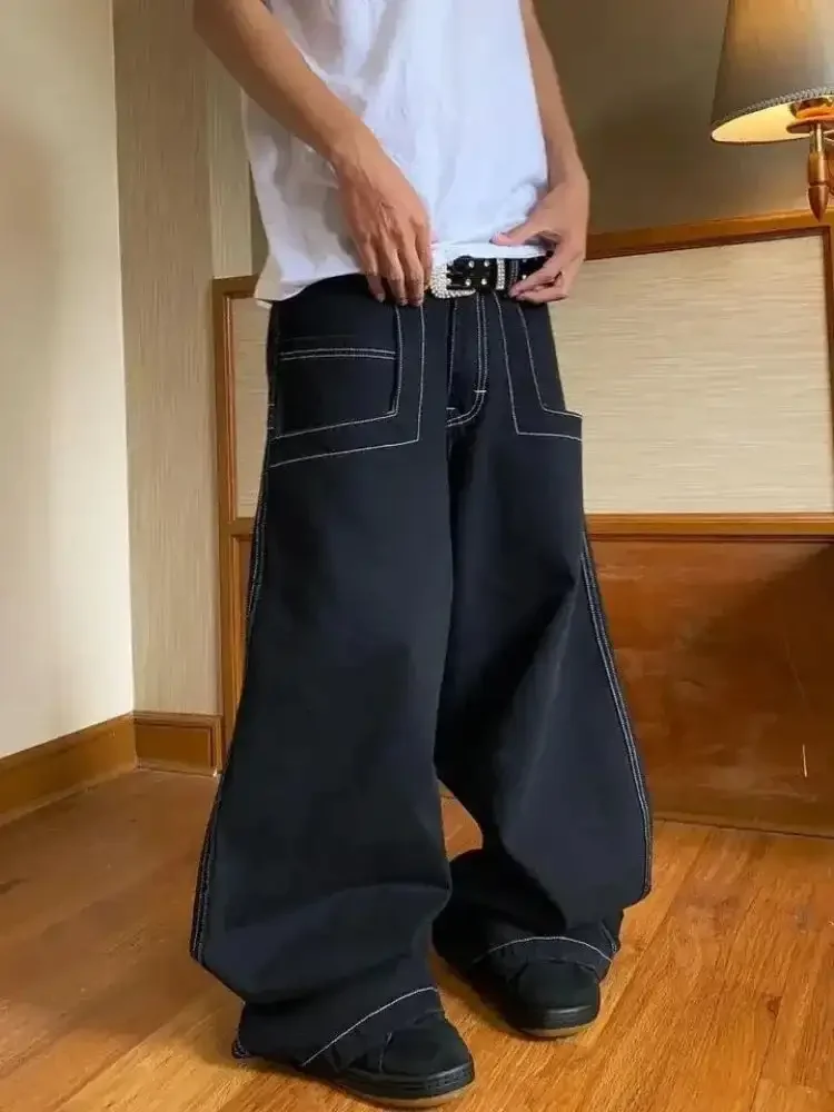 Vintage 2000s Cargo Black Pants Men Women Hip Hop Embroidered Y2k Baggy Jeans Streetwear Harajuku High Waist Wide Trouser 3