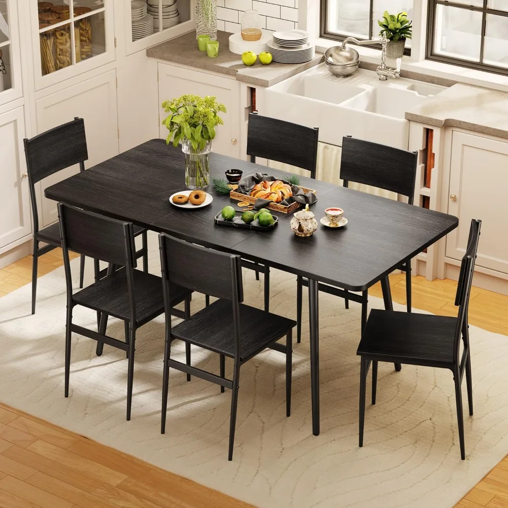 7-Piece Dining Table for 4-6, 63&rdquo; Large Extendable Kitchen Table Set with 6 Chairs, Dining Set for Room
