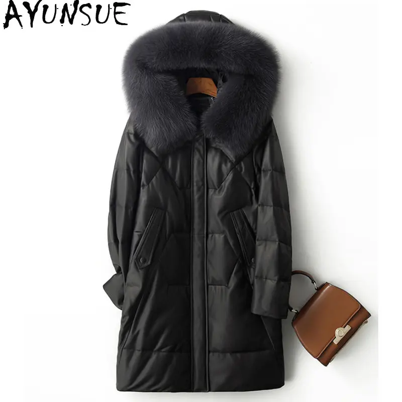 

AYUNSUE Genuine Leather Jacket Women Winter 90% White Duck Down Coat Fox Fur Collar Down Jackets Sheespkin Coats Winterjas Dames