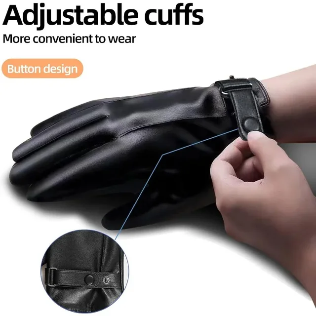 قفازات PU لركوب الدراجات النارية في الهواء الطلق للرجال، قفازات شتوية، قفازات لمس دافئة مبطنة بالصوف، قفازات جلدية قابلة للغسل يدويًا 2