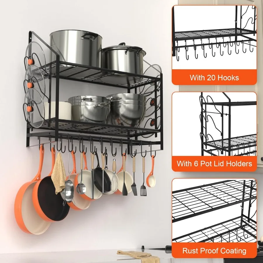 28 Inch Pot Rack Wall Mounted 2 Tier Pots and Pans Organizer with 20 Hooks and 6 Pot Lid Holders Heavy Duty Steel Pot and Pan H