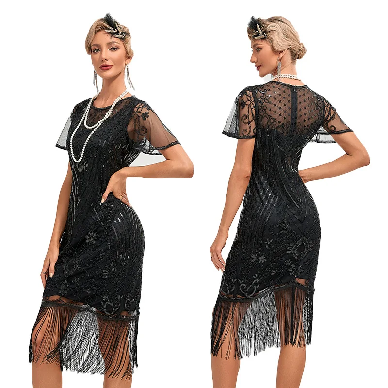 1920s Flapper Dress Plus Size S-4XL Women\'s Fashion Vintage Great Gatsby Color Sequin Tassel 20s Party Dress Women Mesh Costume