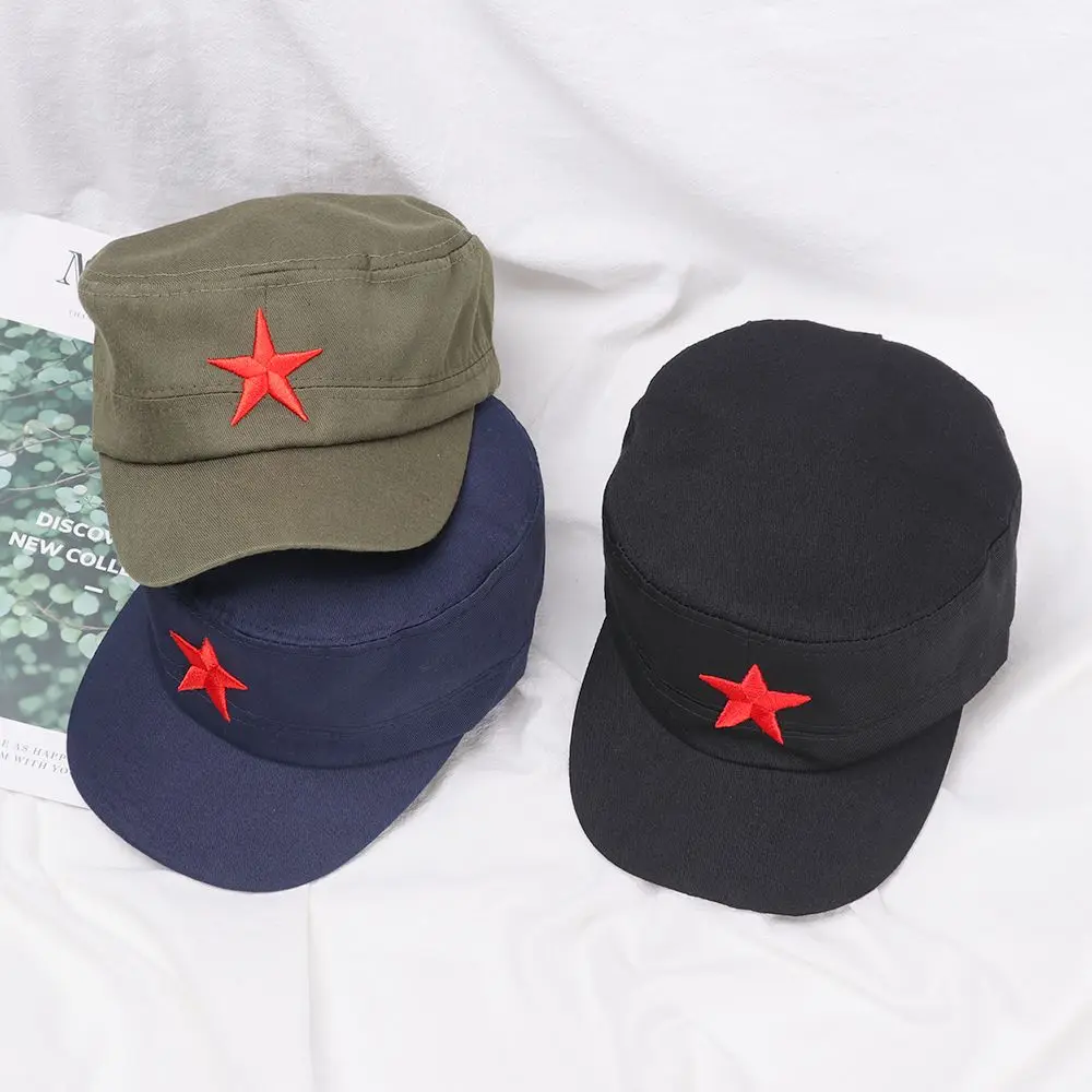 Unisex Cotton Men Cap Spring Summer Beach Outdoor Street Street Cool Church Sunhat Flat Top Hat with Red Star