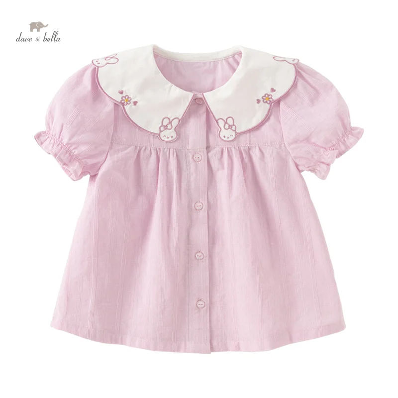 

Dave Bella Children's Shirt Clothes 2024 New Summer Girls' Baby Blouse Cute Sweet Pure Cotton Puff Sleeves Top DB2243504