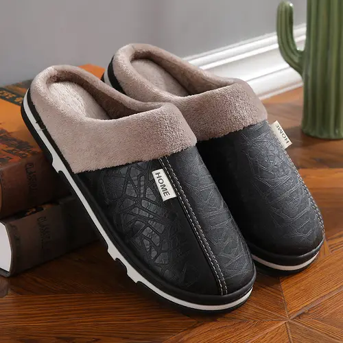 Mens Winter Slippers PU Leather Waterproof Indoor House Shoes Big Size Warm Fur Lined Home Bedroom Slippers - Image 5