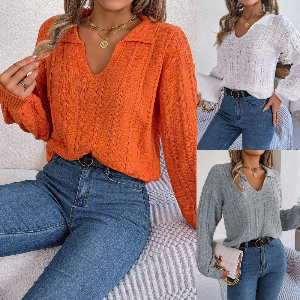 

Sweater for Female Autumn and Winter Fashion New Casual Lapel Solid Color Plaid Long Sleeve Knitted Pullover Blouse