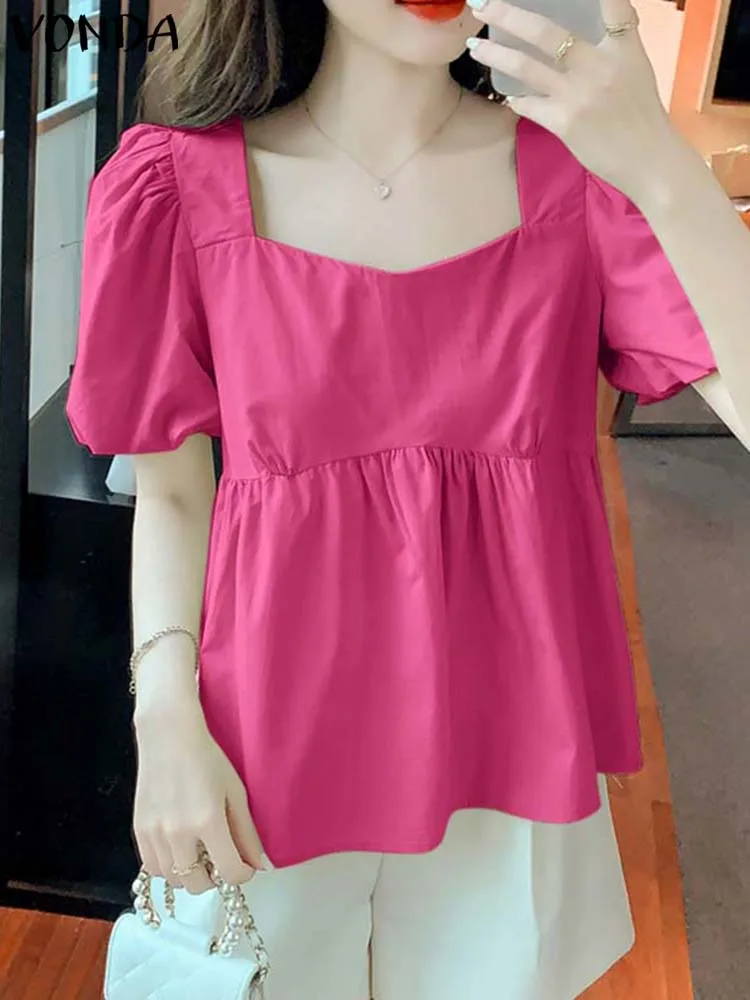 

Casual Square Neck Shirts VONDA Women Blouse 2023 Fashion Solid Color Short Puff Sleeve Elegant OL White Summer Beach Tops