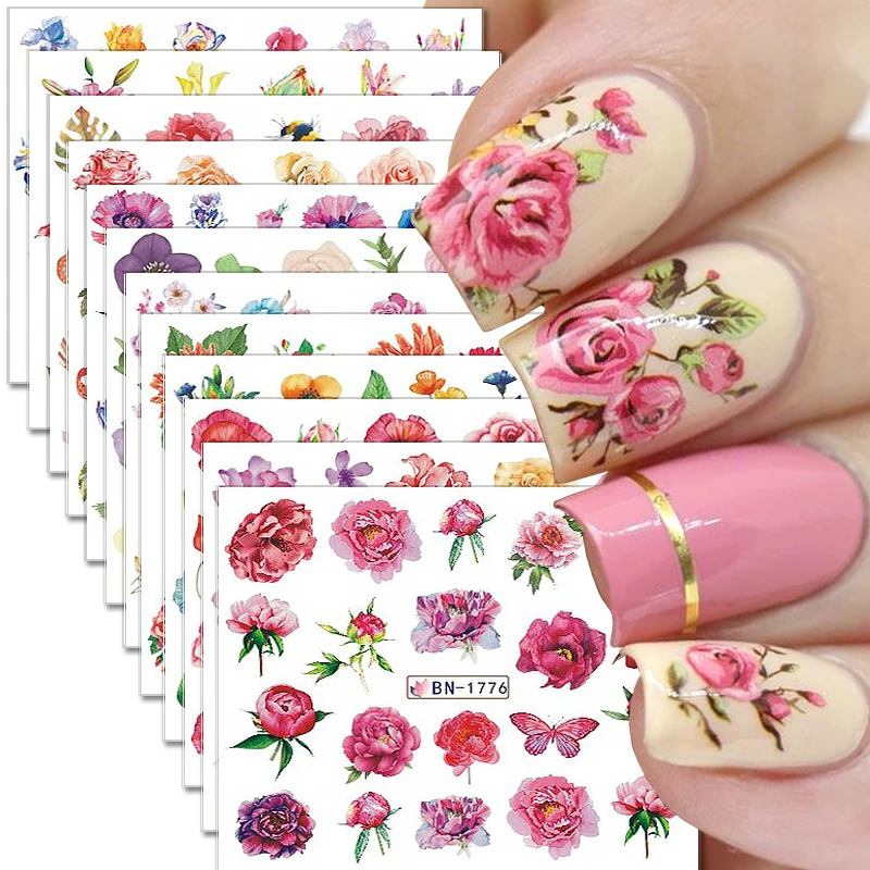 12pcs Watercolor Flower Water Transfer Nail Stickers Summer Ocean Animal Fruit Nail Decals Floral Leaf Nail Art Decoration 12 designs cute daisy sunflower nail art stickers plants simple summer style transfer slider nail art decoration decals 2021