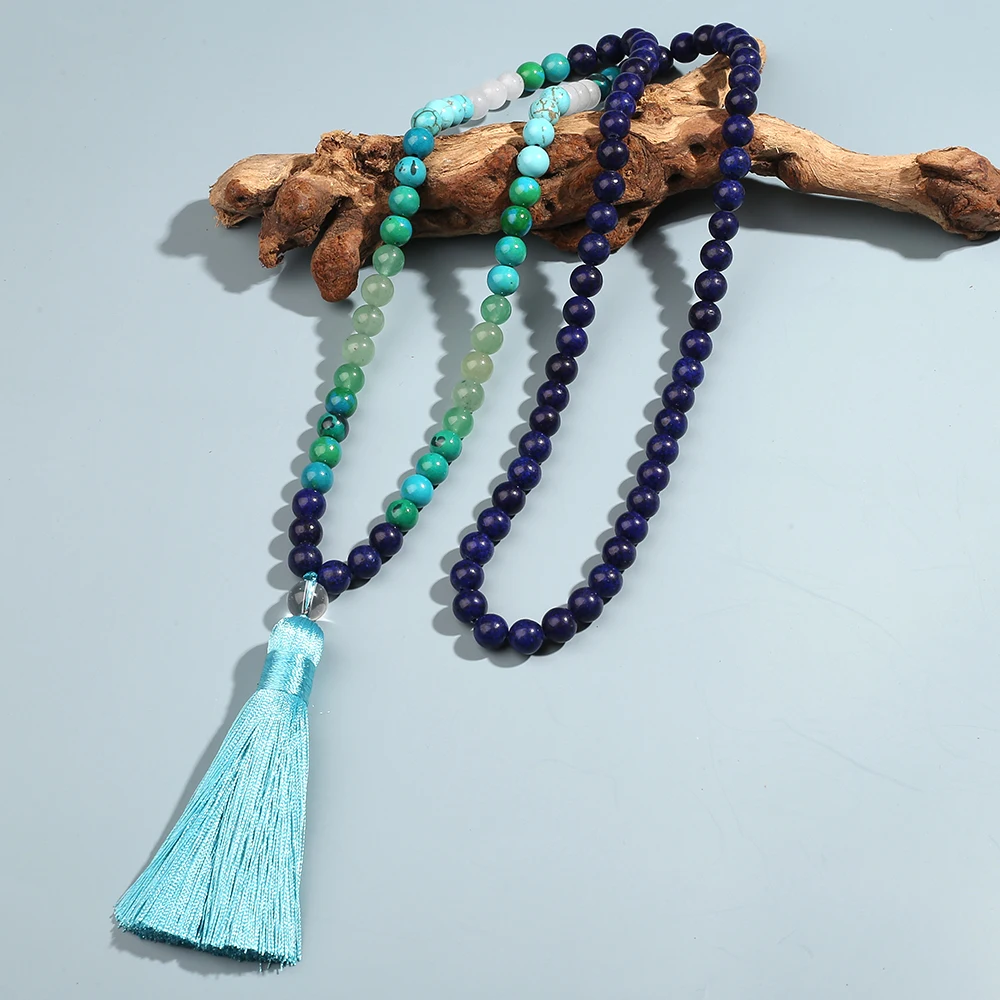 8mm Lapis Lazuli Phoenix Stone Turquoise Necklace Set 108 Mala Meditation Yoga Prayer Rosary for Men and Women Japamala Jewelry