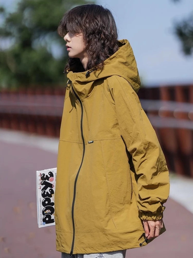 Vintage Hooded Trench Coat Outdoor Windbreaker Sweatshirt Men Women Design Sun Protection Jackets Zipper Long Sleeve Lace-ups