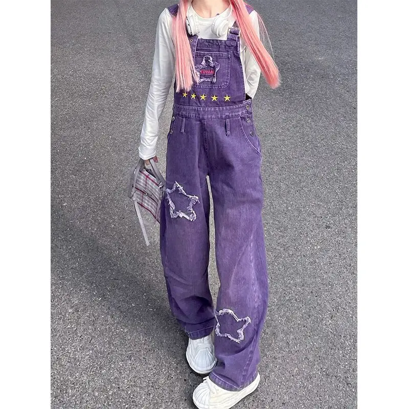 

Purple cowboy overalls female sister style 2023 autumn new American retro high waist loose wide leg jumpsuit large size