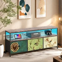 Шкаф для телевизора Comanlai 108 см со светодиодной подсветкой и 3 тканевыми ящиками, шкаф для хранения с металлическим каркасом и деревянной столешницей, тумбочка — изображение 6