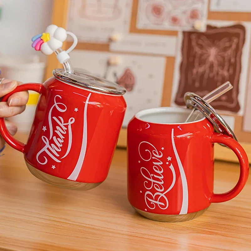 

380ml Lovers Coke Cans Water Cup with Straw and Lid Ceramic Mugs Coffee Cups Student Couple Drinking Cup Best for Birthday Gifts