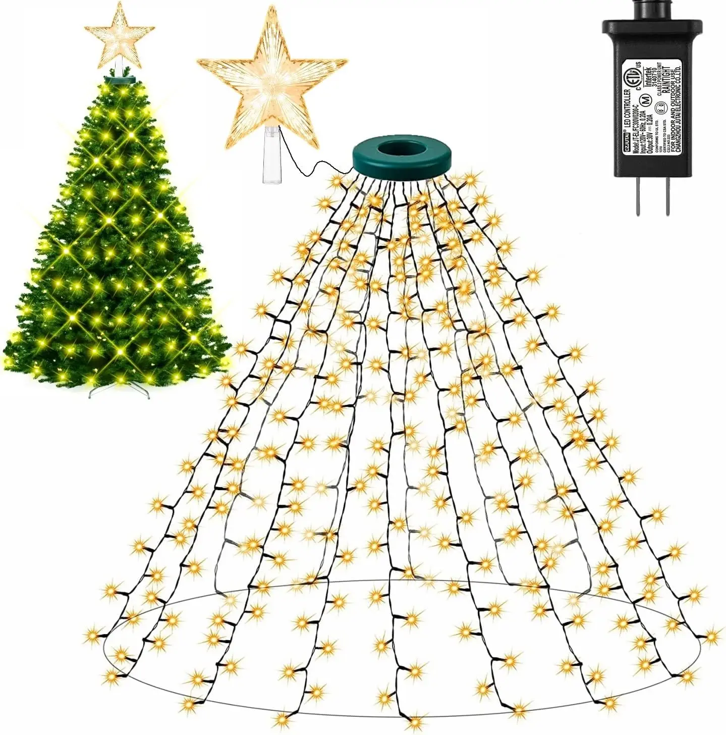 

400LED Christmas Tree Waterfall Lights with Star Topper Memory 8 Modes Timer Outdoor Twinkle Fairy String Light Xmas Party Decor