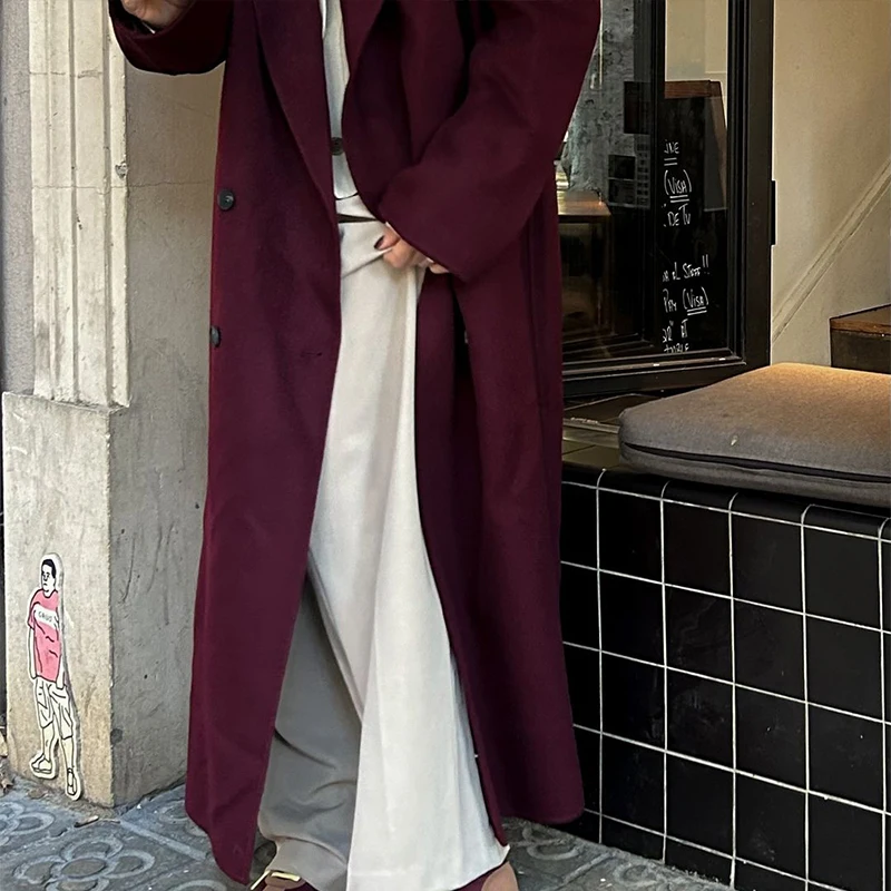 Fashion Burgundy Red Double Breasted Overcoat Women Lace Up Loose Lapel Pockets Long Sleeve Coat New High Street Outerwear