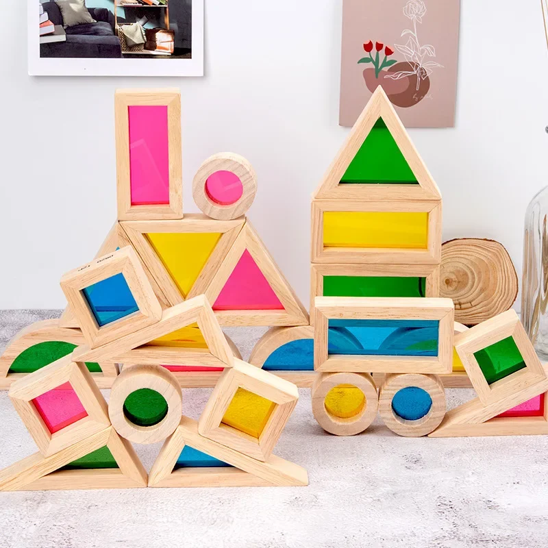 

Rainbow Stacking Blocks Colorful Learning Educational Toys Kid Montessori Wooden Toy Construction Building Toys Set For Ages 2+