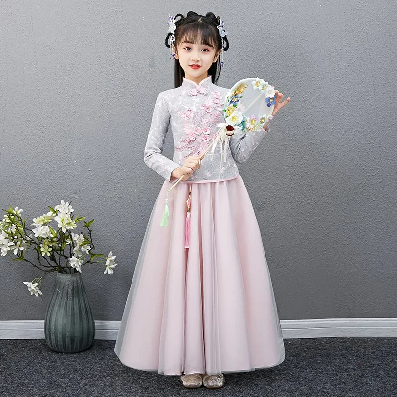 

New Autumn Winter Girls Chinese Style Vintage Tassel Hanfu New Year Greeting Embroidery Qipao Kid Performance Princess Vestido