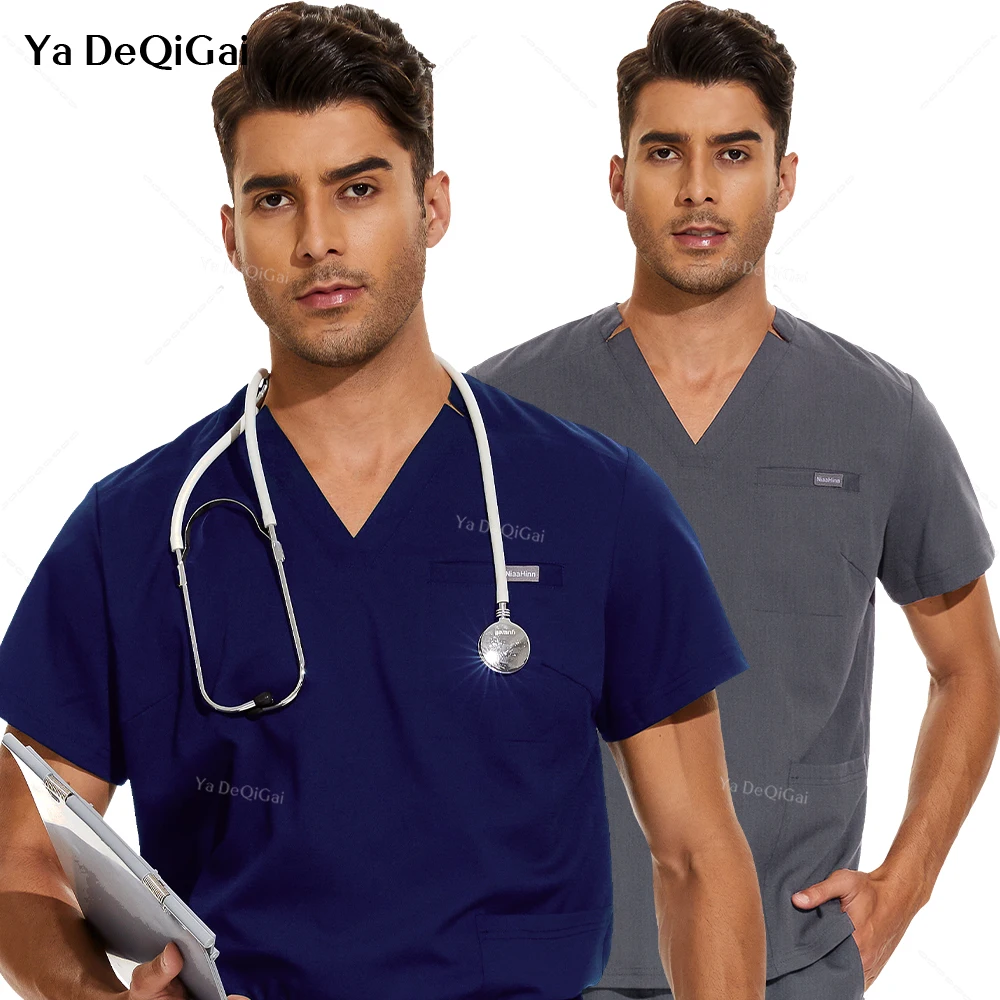 Clinical Workwear Men Scrubs Tops Medical Uniforms Nursing Work Shirts Classic V-Neck Clinical Scrub Top Short Sleeve Blouse 2XL