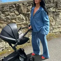 KONDALA 2025 Fall Winter Casual Denim Women Suits Fashion Vintage Turn-down Collar Pocket Shirts Chic Drawstring Wide Leg Pants - Image 4