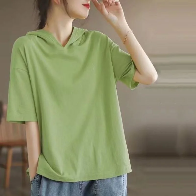 여성용 오버사이즈 풀오버 후드티, 단색, 심플, 캐주얼 패션, 다목적, 루즈, 반팔, 한국 에디션, 2024 여름
