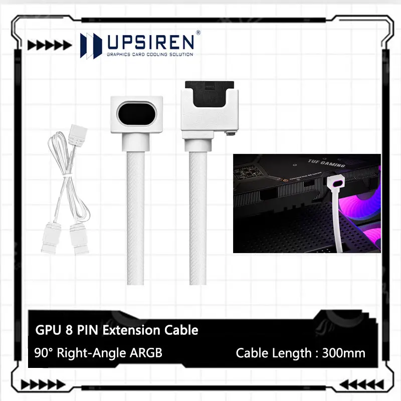 สายไฟคอมพิวเตอร์ UPSIREN สายต่อขยาย GPU 8 พิน, สายเคเบิลกราฟิกการ์ด ARGB สำหรับพีซี พร้อม 5V 3 พิน, 18AWG 90 °   การออกแบบแบบมุมฉาก 1