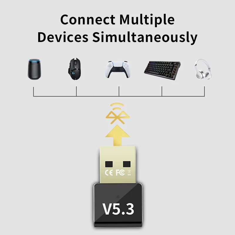 WANJEED 블루투스 어댑터 USB 동글 5.3 PC용, 드라이버 불필요, 헤드폰, 스피커, 키보드, 마우스 지원, 윈도우 11/10/8.1 호환