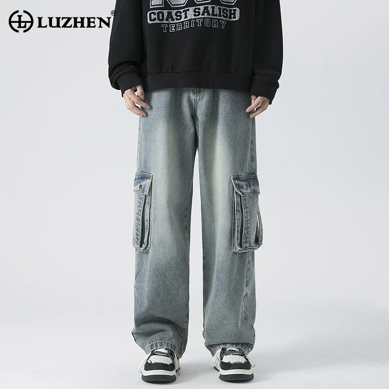 

LUZHEN карманы пэчворк дизайн варенные широкие джинсы 2024 новые оригинальные модные корейские уличные мужские прямые джинсовые брюки LZ3155