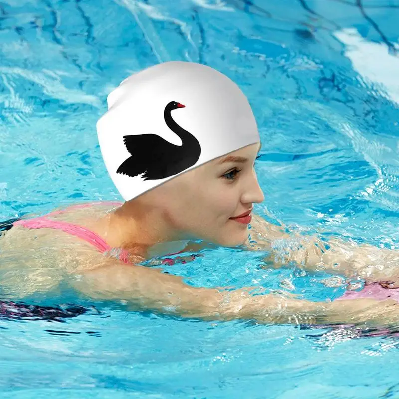 

Силиконовая шапка для плавания с мультяшным рисунком большого лебедя, белая и черная, высокая эластичность, гибкая силиконовая шапка для купания