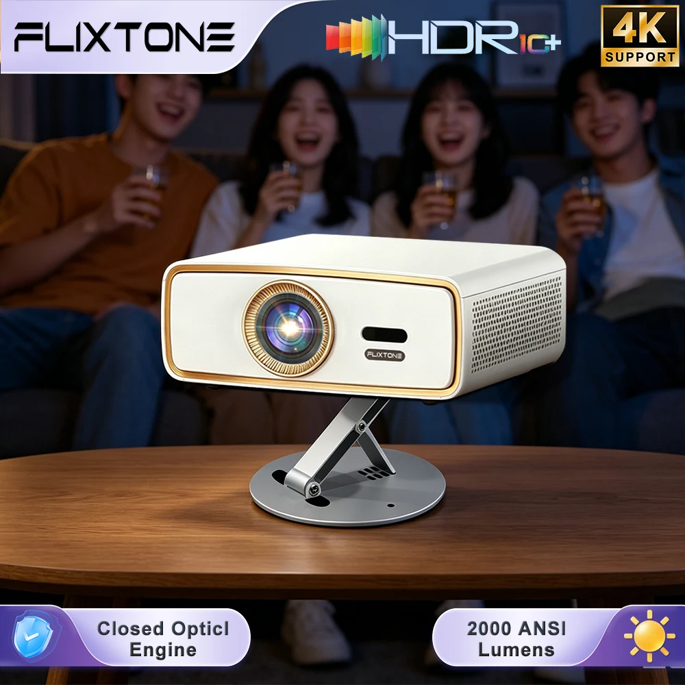 Flixtone E900 미니 프로젝터+스탠드 미니 휴대용 안드로이드 스마트 TV(HDR10 WiFi 홈시어터 포함), 캠핑에 적합