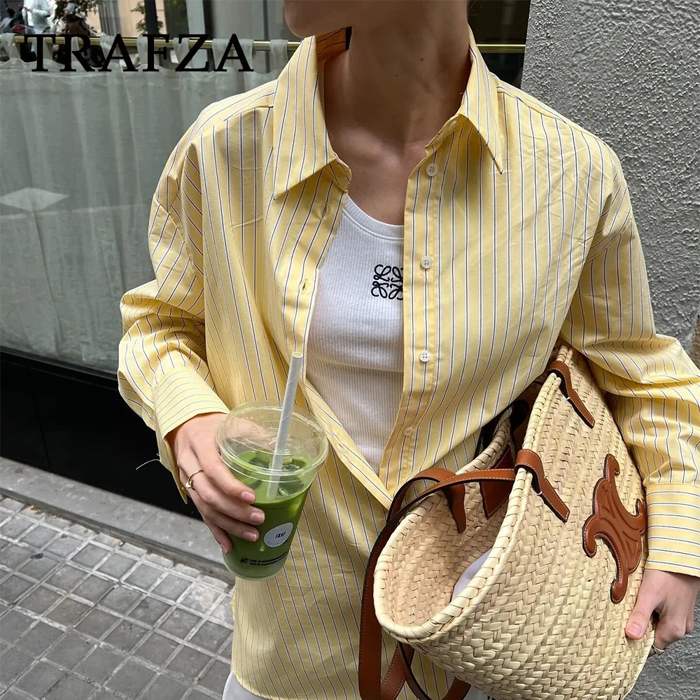 TRAFZA 2025 Spring Summer Casual Striped Women Oversized Shirt Fashion Vintage Turndown Collar Single Breasted Thin Lady Shirt