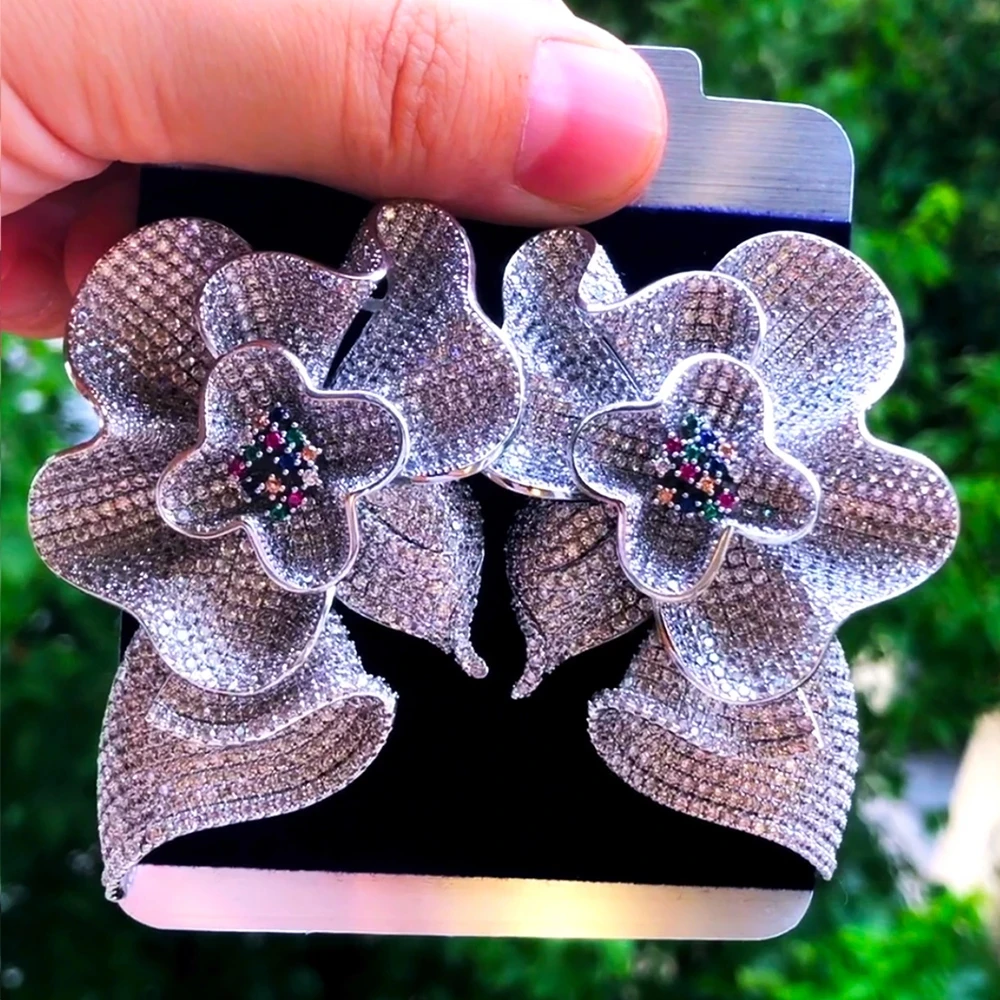 Soramoore Big Flower Blossom Cubic Zirconia Drop Earrings for Women Fashion Engagement Party Jewelry pendientes mujer moda