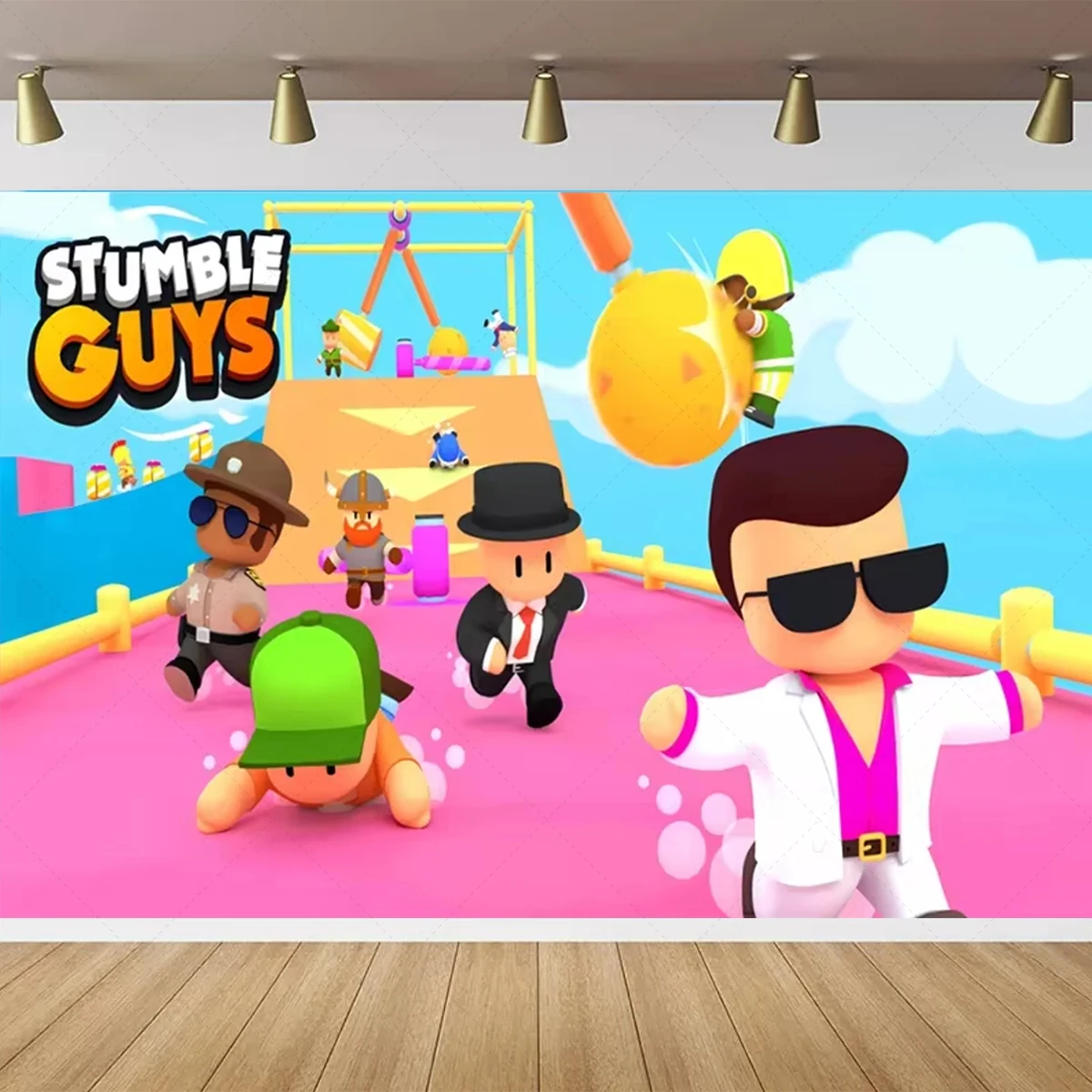 Stumble Guys 장애물 코스 타이어 피니시 라인 배경 맞춤형 사진 부스 어린이 생일 베이비 샤워 파티 장식 배너 소품