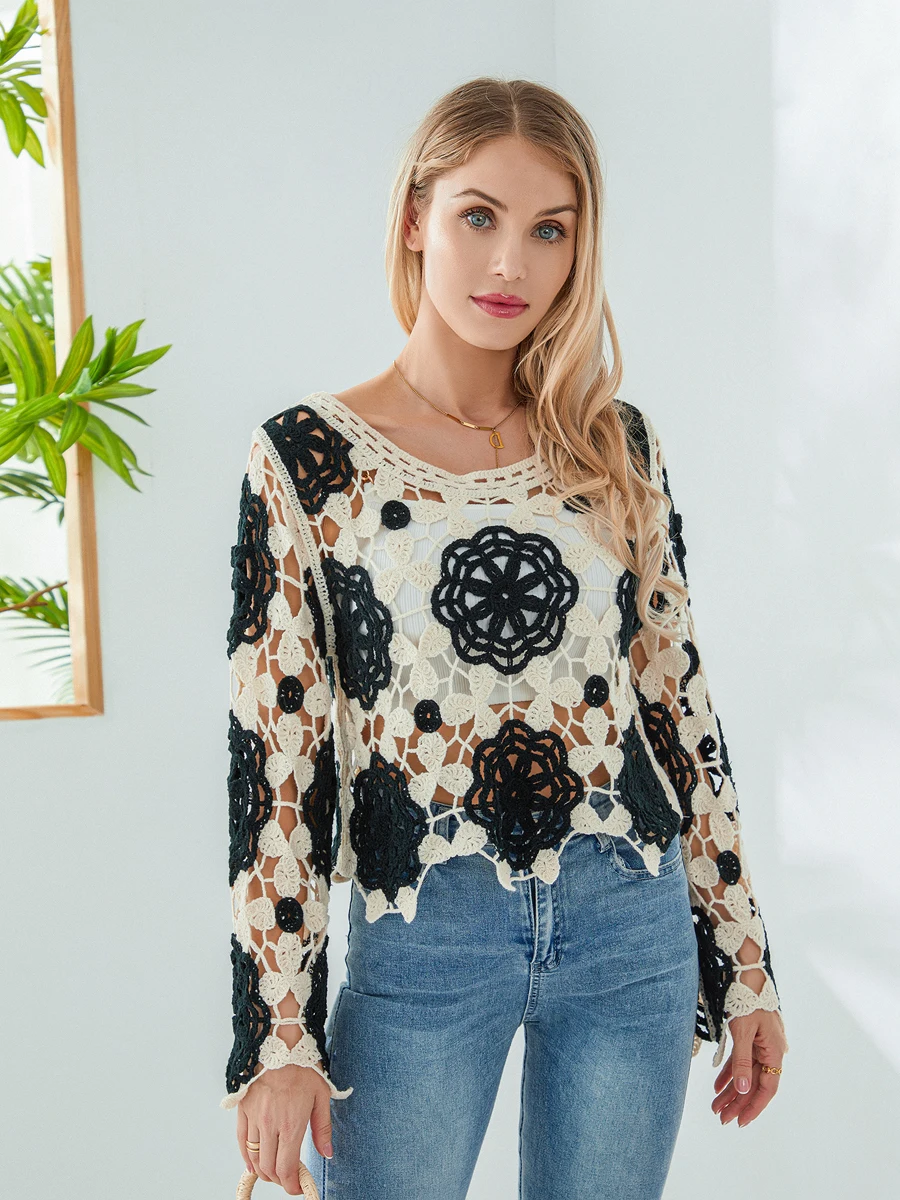 

Women Summer Knit Crochet Crop Tops Long Sleeve Crewneck Floral Crochet Crop Shirt Summer Cover Up Beach Clubwear