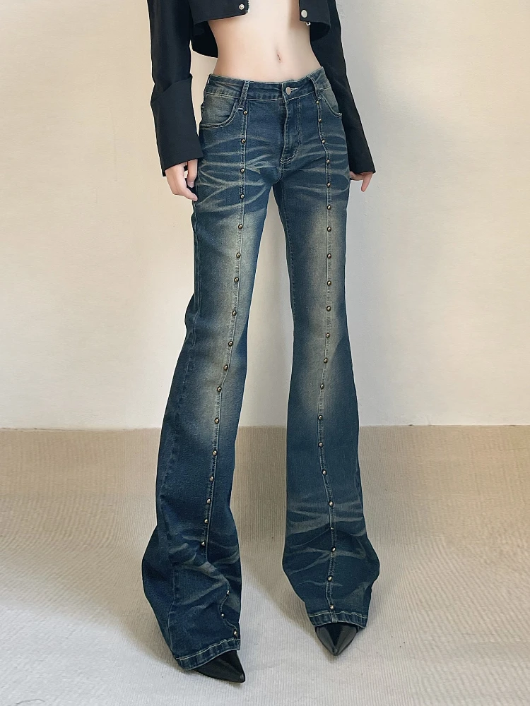 ADAgirl High Waist Denim Flare Pants Women Y2k Vintage Make Old Style Rivet Slim Jeans Harajuku Causal Baggy Wide Leg Trousers