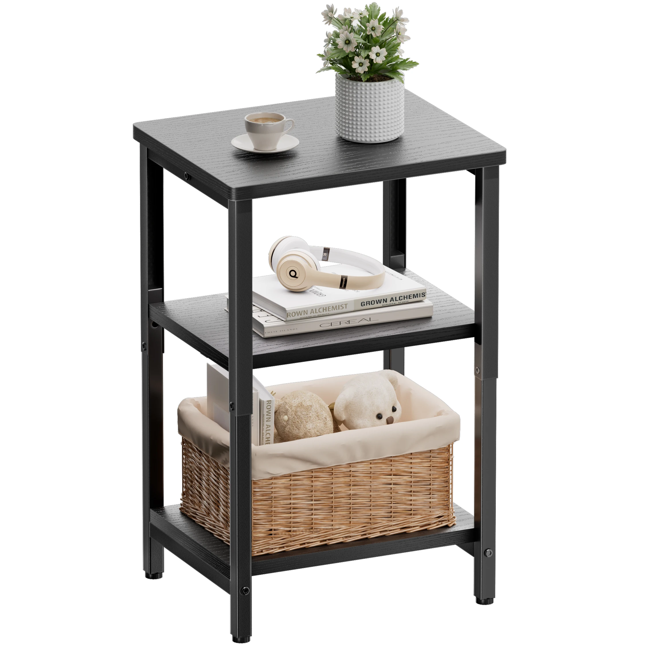 FRODROVIA Side Table with Shelves,3-Tier Side Table with Storage Shelf, Adjustable Height Nightstand, Modern End Table for Bedroom, Living Room, Office, Small Spaces, Easy Assembly