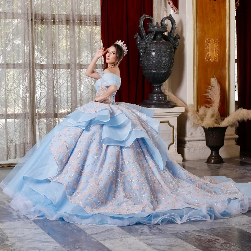 

Sky Blue Shiny Off The Shoulder Sweetheart Sequined Beading Crystal Tull Ball Gown Quinceanera Dresses Bow Corset Vestidos De 15