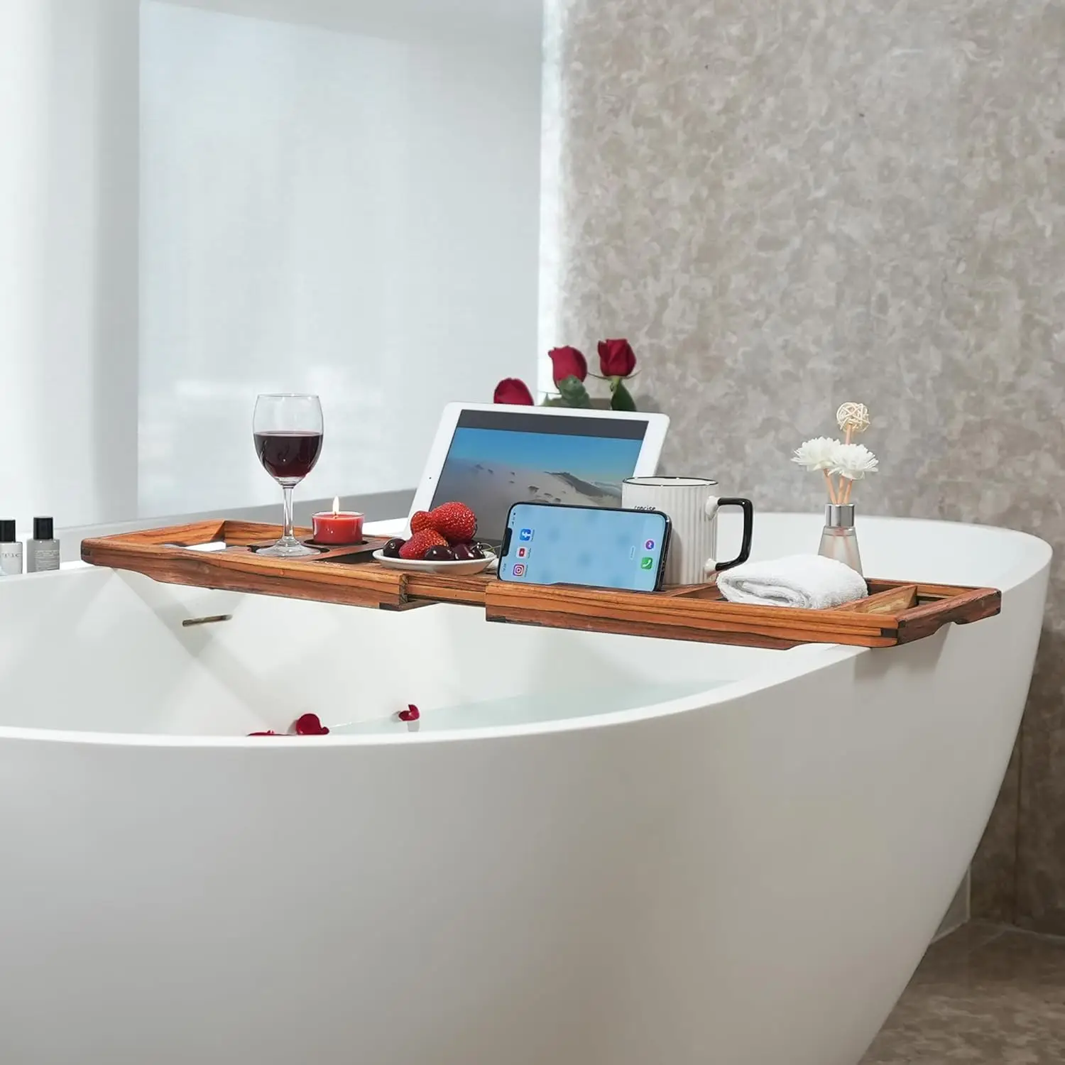 Premium Teak Bathtub Tray, Expandable Wooden Bath Tray for Tub, Luxury Bathtub & Bathroom Accessories, Great House Warming,