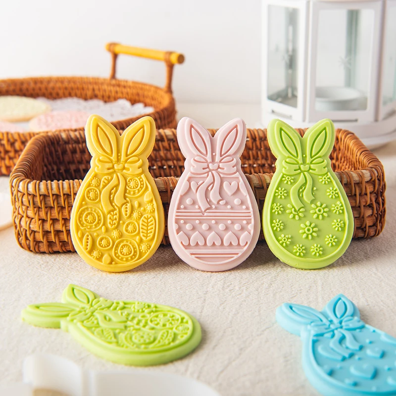 Easter Cute Bunny Egg Pattern Impression Mold Cartoon Fondant Biscuit Mold Rabbit Party Dessert DIY Decoration Baking Tools