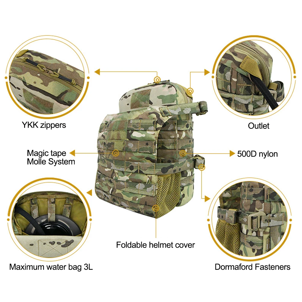 1Pc Nylon Tactical Molle Hydration Pack,Molle Hydration Carrier with Helmet Bag Pouch,Hydropack for 3L Water Bladder