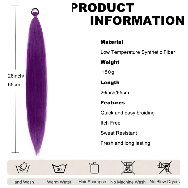 3 Pc Purple 26inch Braided Hair With Elastic Elastic Band Wig Women's Hair Extensions Pink Purple Gradient Braided Ponytail Synt