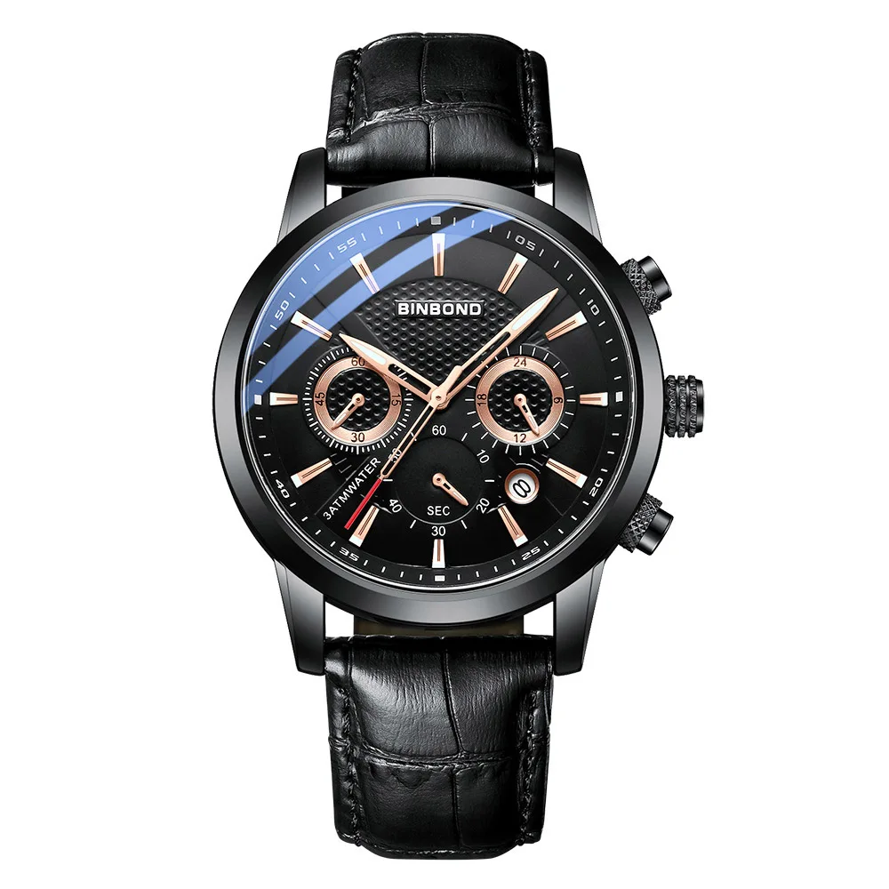 

BINBOND Men's Sports Quartz Watch Fashion Leather Strap Double Eyed Calendar Waterproof Clock Males Business Original Wristwatch