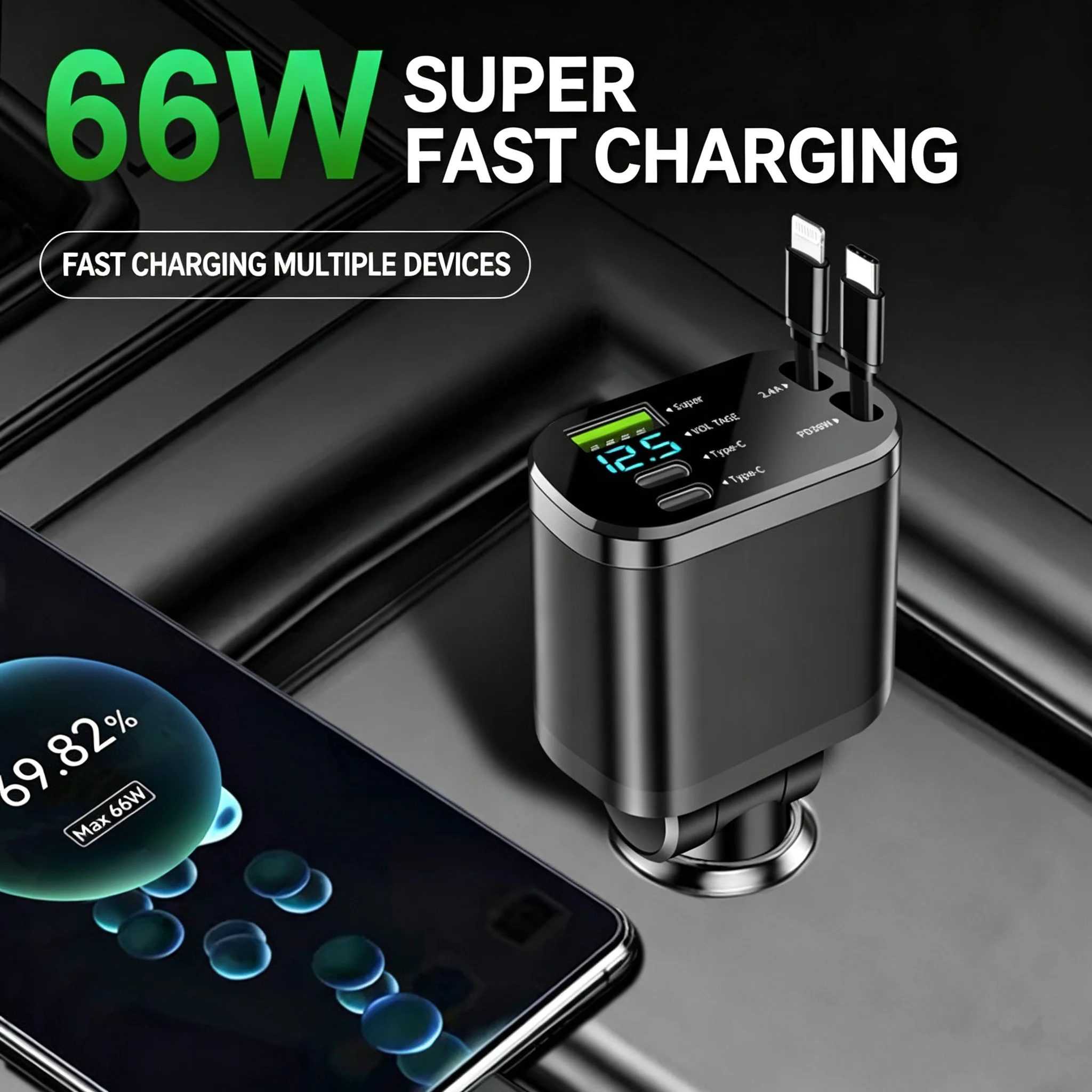 Compact Digital Display Car Charger with Retractable Cable
