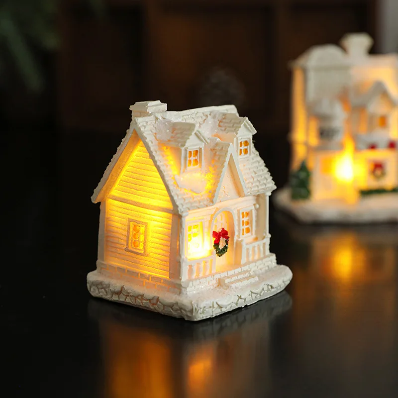 White Resin Snow House Christmas Ornaments with LED Lights for Family Holiday Decoration
