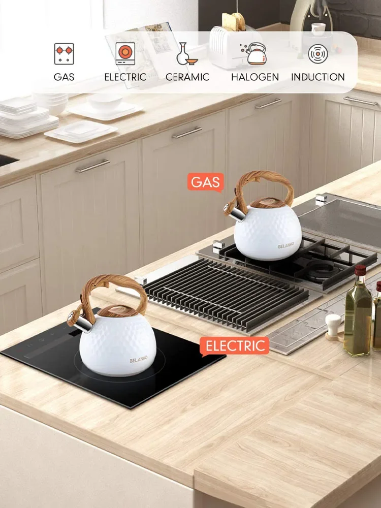 2.8L Stainless Steel Whistling Tea Kettle for Stove Top, Food Grade Teapot with Wood Pattern Handle for Coffee, Tea, Milk etc