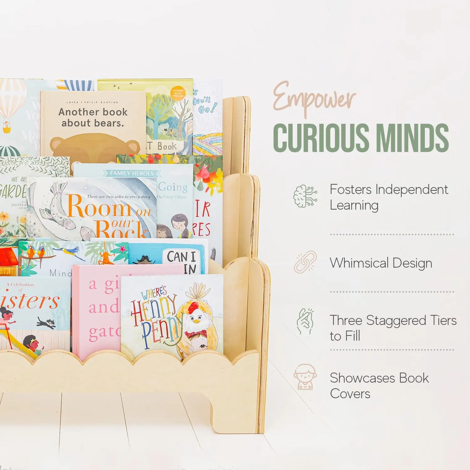 Wooden Kids Bookshelf w/Scalloped Edges Perfect Height 3-Tier Montessori Bookshelf for Kids for Room or Playroom
