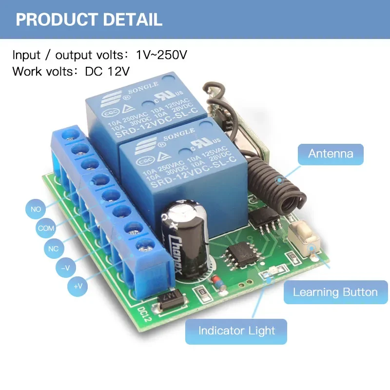 433 MHz 원격 제어 스위치 DC 12V 10A 전류 포지티브 및 네거티브 제어용 2 갱 rf 릴레이 수신기 및 송신기
