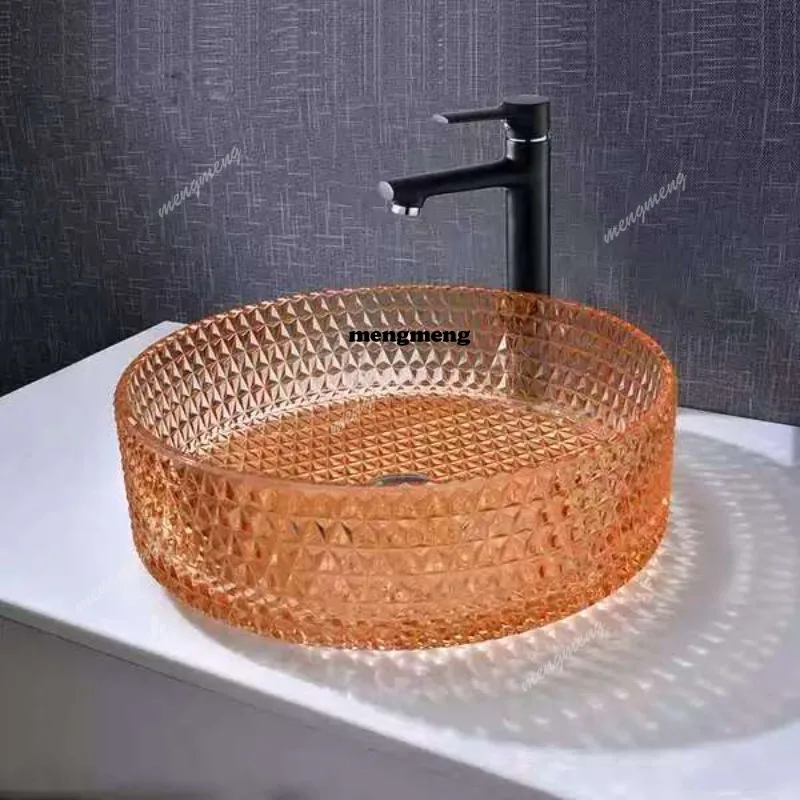 อ่างล้างหน้าในห้องน้ำโรงแรม อ่างล้างหน้าทรงกระบอกทำจากแก้วใส งานฝีมือหล่อขึ้นรูป สำหรับห้องน้ำ 1