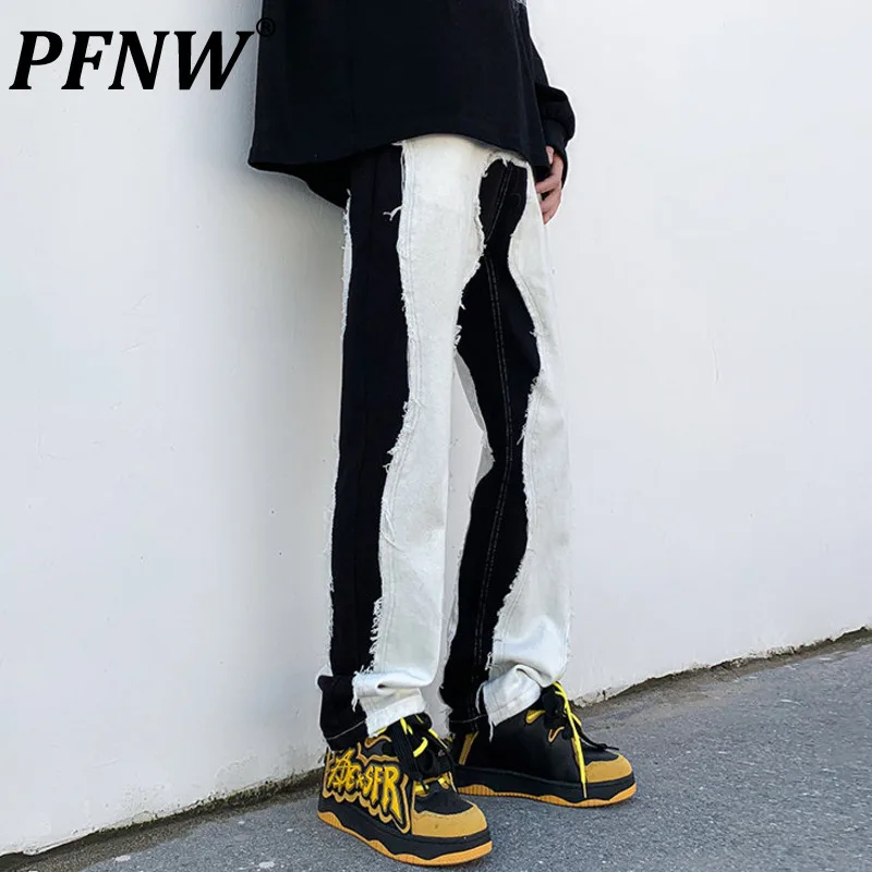 

PFNW Raw Edge Men's Jeans High Street Stitching Color Spliced Male Denim Pants American Stylish Trousers 2024 Spring New 28W2875